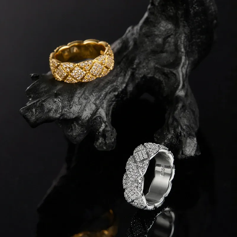 Bold&Chice Luxury Quilted Pave Moissanite Ring, 18K Gold Plated S925 Silver Lab Created Diamond, Shiny Grid Statement Ring for Her