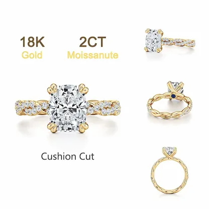 Bold&Chice 2CT Luxury Ivy Twisted Shank Moissanite Ring, 18K Gold Plated S925 Silver Lab Created Diamond, Romantic Weaving Statement Ring