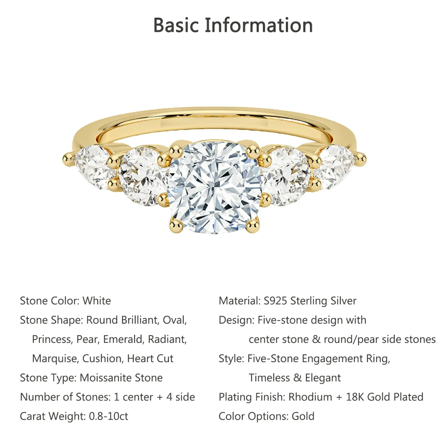 Bold&Chice 0.8-10CT Luxury Five-Stone Moissanite Ring, 18K Gold Plated S925 Silver Lab Created Diamond, Elegant Multi-Cut Statement Ring for Her