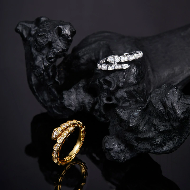Bold&Chice Luxury Serpentine Pave Moissanite Ring, 18K Gold Plated S925 Silver Lab Grown Diamond, Shiny Snake Statement Ring for Her