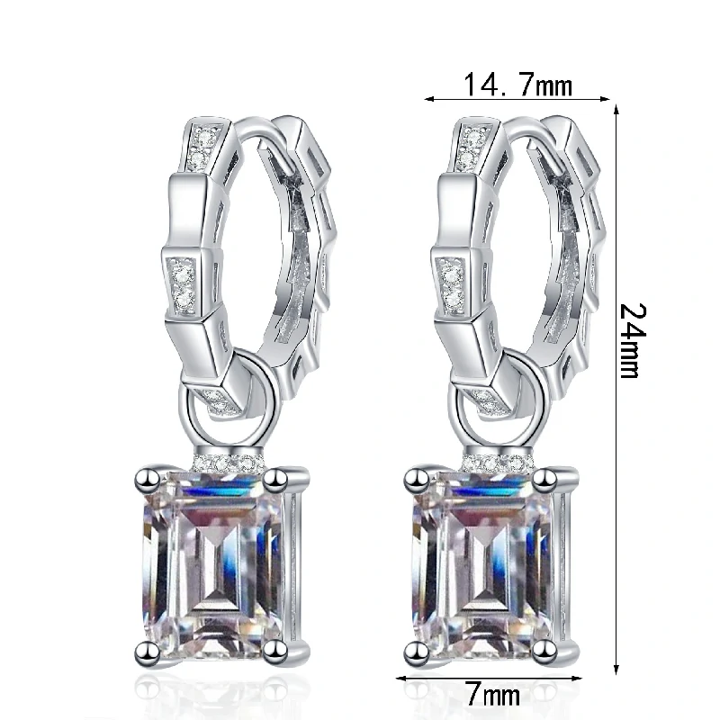 Bold&Chice 4CT Emerald / Radiant Cut Moissanite Drop Earrings, Baguette Huggie S925 Silver Lab Created Diamond Earrings for Women