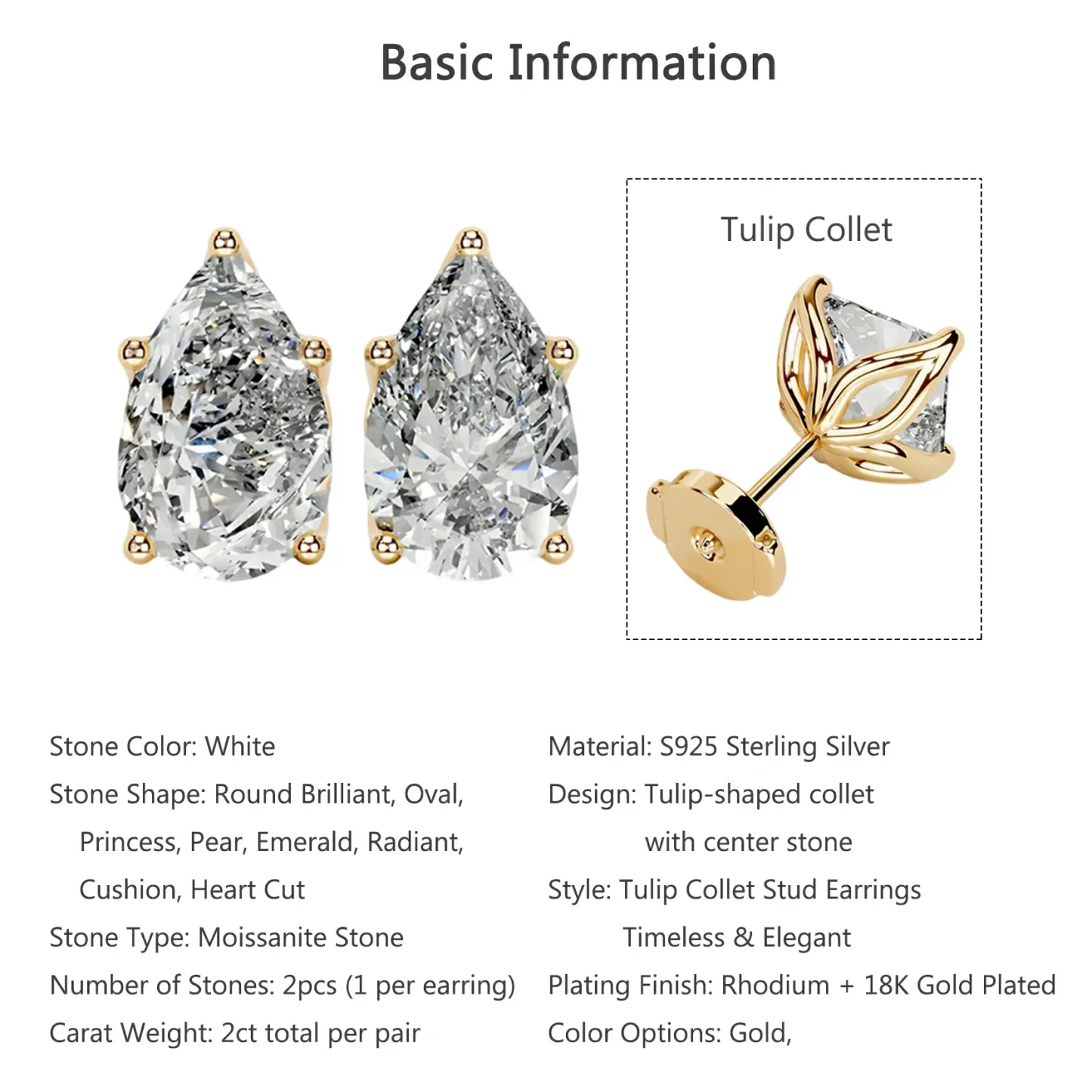 Bold&Chice 2CT Timeless Tulip Collet Moissanite Stud Earrings, 18K Gold Plated S925 Silver Lab Created Diamond, Elegant Floral Statement Earrings for Her