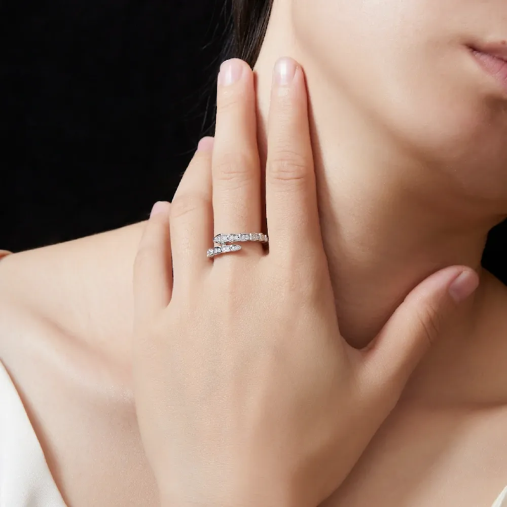 Bold&Chice Luxury Serpentine Pave Moissanite Ring, 18K Gold Plated S925 Silver Lab Grown Diamond, Shiny Snake Statement Ring for Her