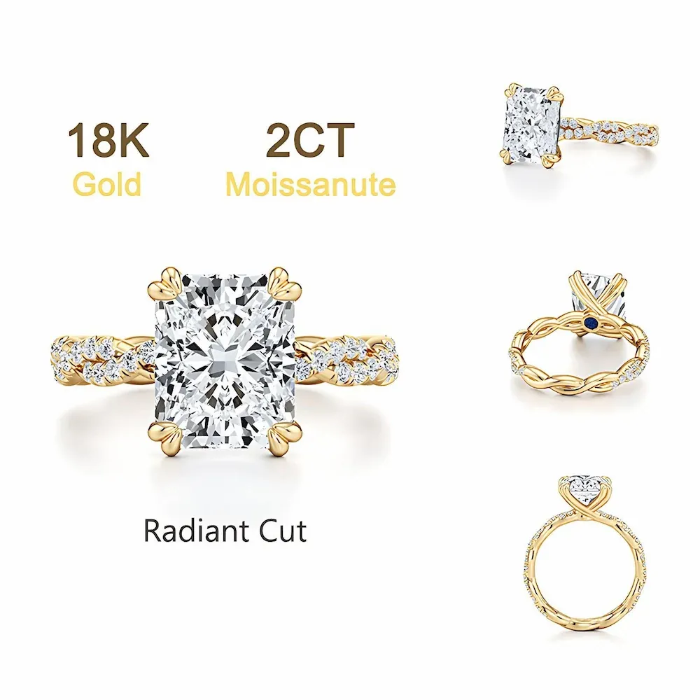 Bold&Chice 2CT Luxury Ivy Twisted Shank Moissanite Ring, 18K Gold Plated S925 Silver Lab Created Diamond, Romantic Weaving Statement Ring
