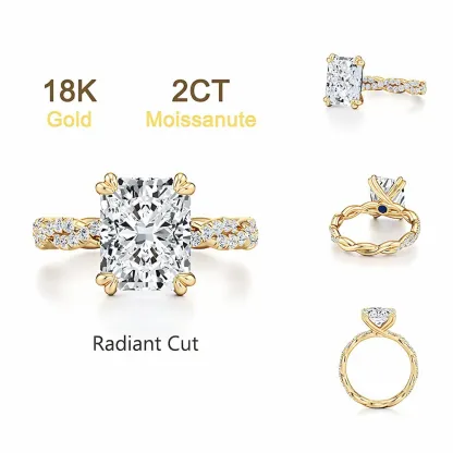 Bold&Chice 2CT Luxury Ivy Twisted Shank Moissanite Ring, 18K Gold Plated S925 Silver Lab Created Diamond, Romantic Weaving Statement Ring