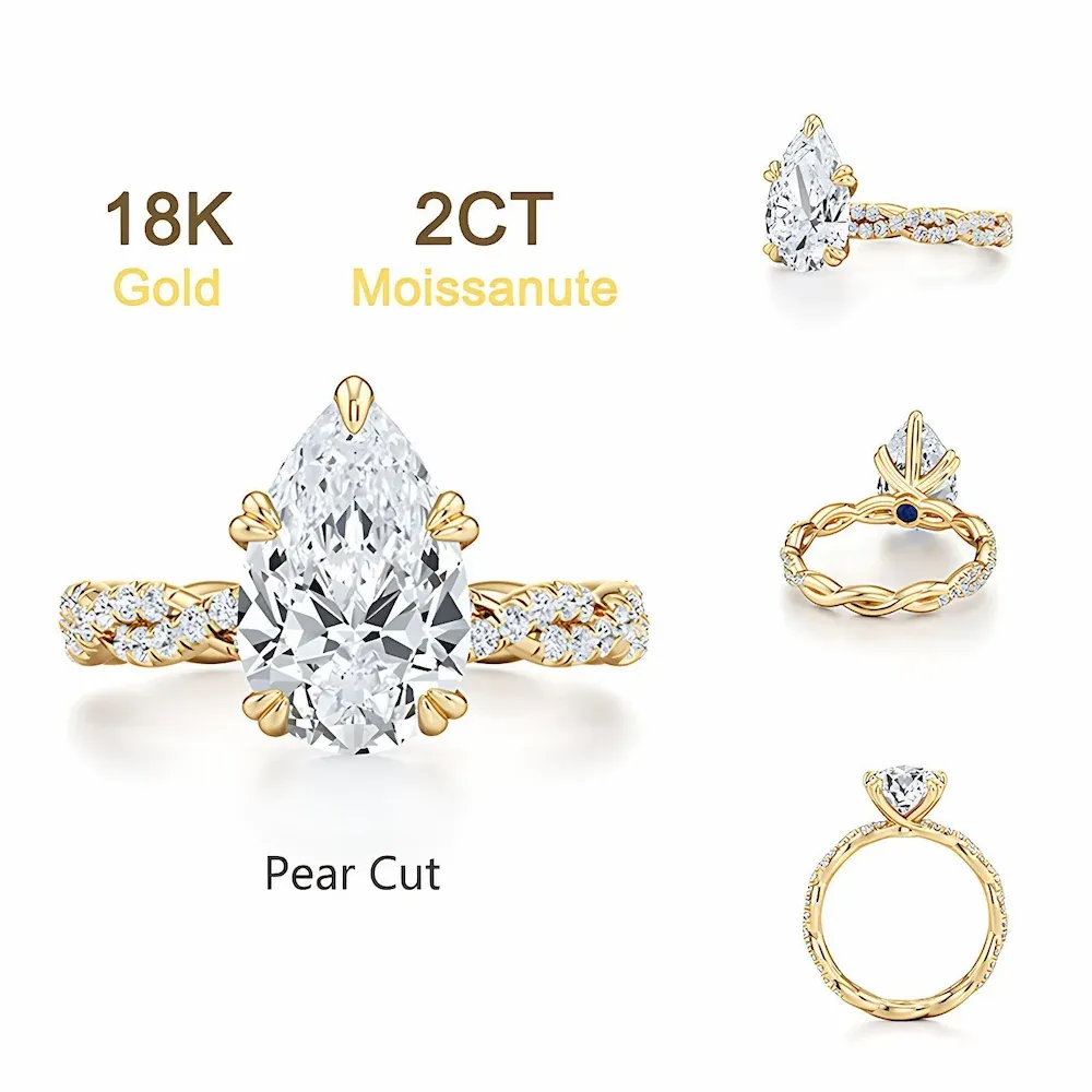 Bold&Chice 2CT Luxury Ivy Twisted Shank Moissanite Ring, 18K Gold Plated S925 Silver Lab Created Diamond, Romantic Weaving Statement Ring