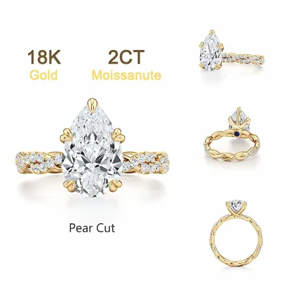Bold&Chice 2CT Luxury Ivy Twisted Shank Moissanite Ring, 18K Gold Plated S925 Silver Lab Created Diamond, Romantic Weaving Statement Ring