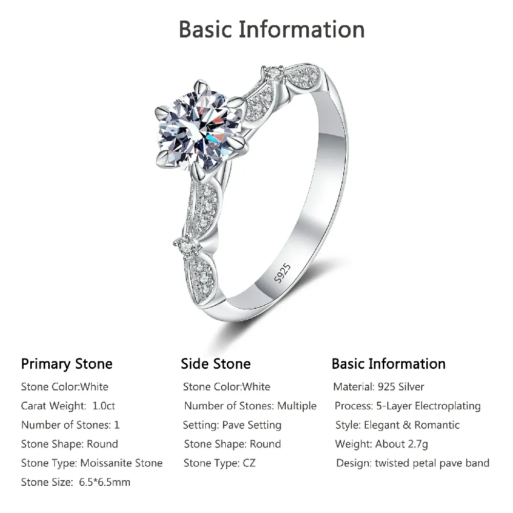 Bold&Chice 1CT Elegant Petal Six Prong Moissanite Ring, S925 Silver Lab Grown Diamond , Delicate Twist Statement Ring for Her