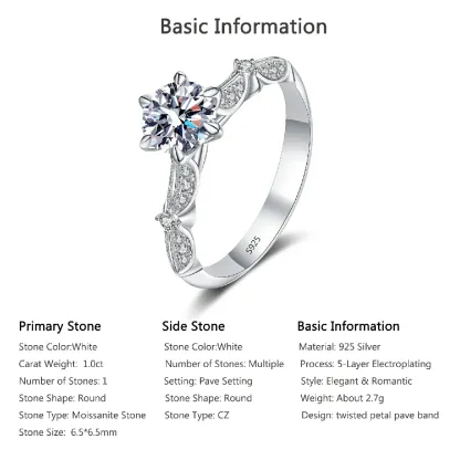 Bold&Chice 1CT Elegant Petal Six Prong Moissanite Ring, S925 Silver Lab Grown Diamond , Delicate Twist Statement Ring for Her