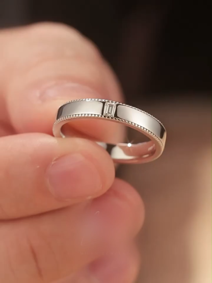 Bold&Chice Minimalist Milgrain Moissanite Wedding Band, Single Baguette Stone, Unisex S925 Silver Lab Created Diamond Ring 0.2CT