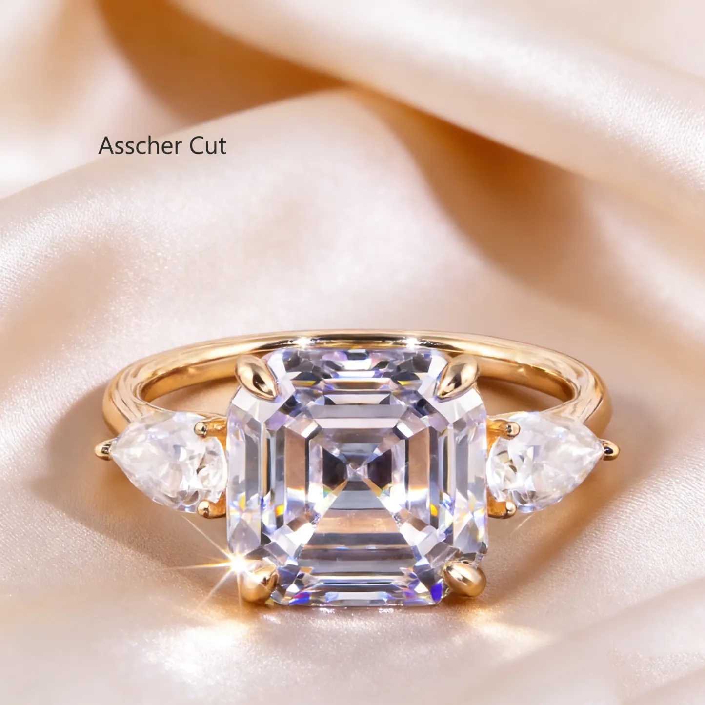 Bold&Chice 0.8-10CT Three-Stone Pear Side Moissanite Ring, 18K Gold Plated S925 Silver Lab Created Diamond, Elegant Multi-Cut Statement Ring for Her