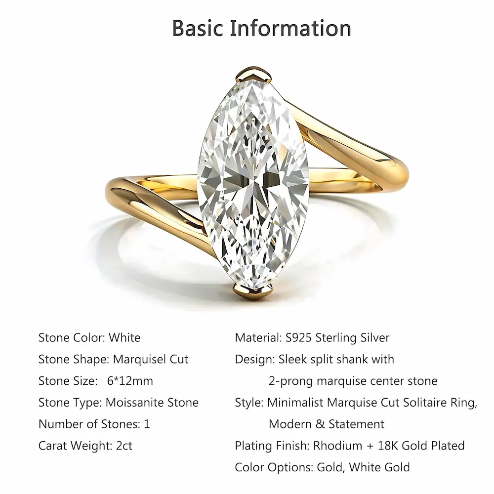 Bold&Chice 2CT Marquise Cut Moissanite Ring, 18K Gold Plated S925 Silver Lab Created Diamond Ring