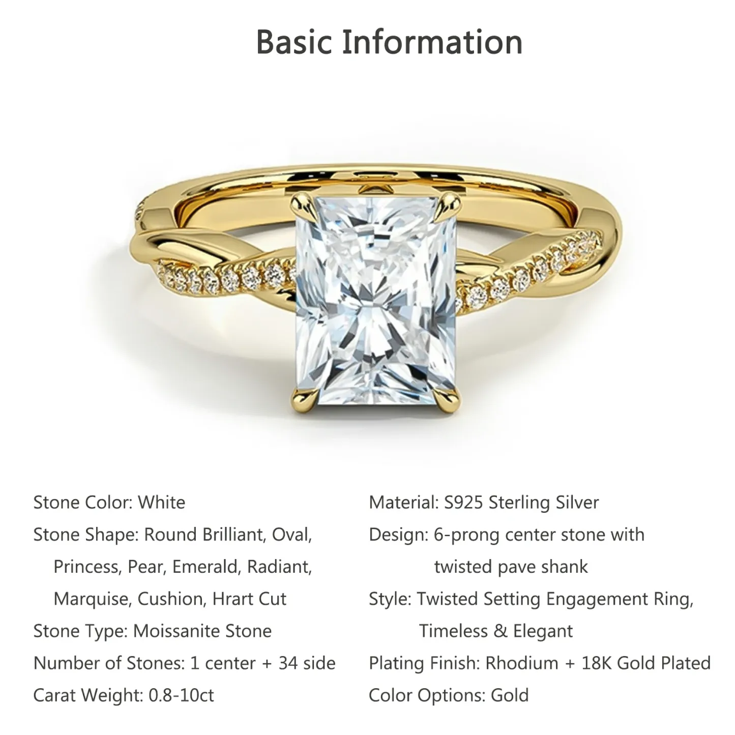 Bold&Chice 0.8-8CT Twisted Setting Moissanite Ring, Multi-Cut 18K Gold Plated  S925 Silver Lab Created Diamond Ring for Women