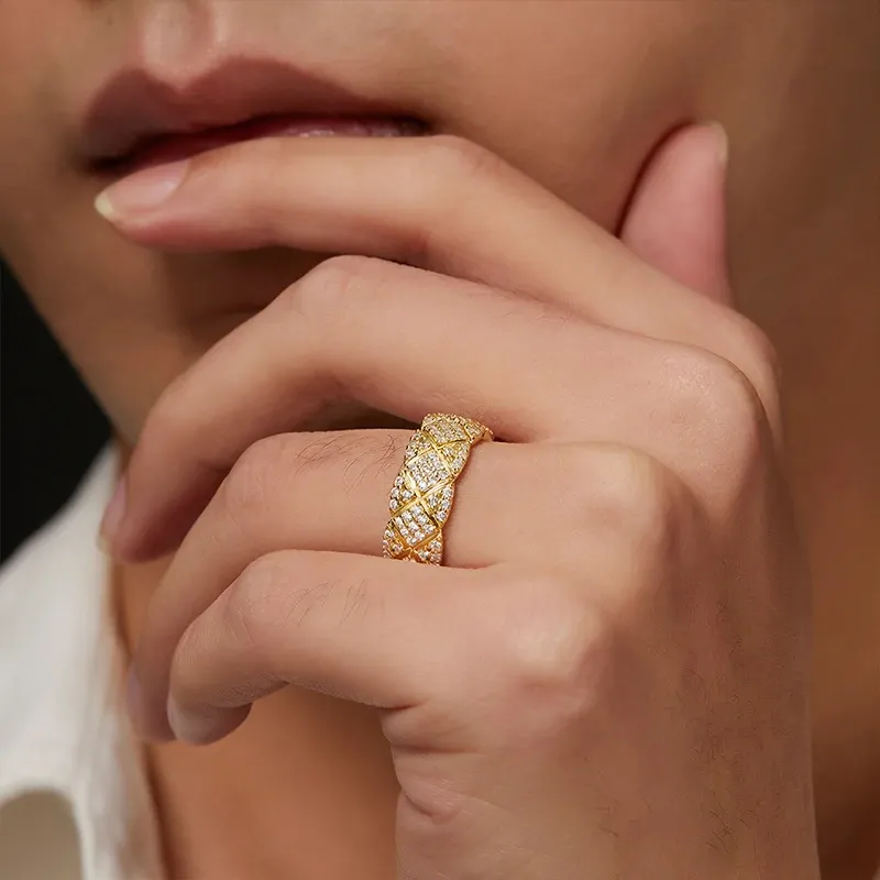 Bold&Chice Luxury Quilted Pave Moissanite Ring, 18K Gold Plated S925 Silver Lab Created Diamond, Shiny Grid Statement Ring for Her