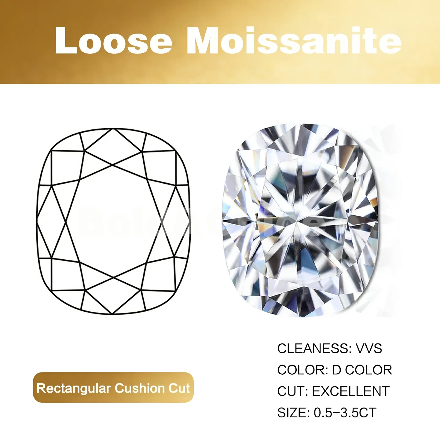 Bold&Chice Moissanite Loose Stone Baguette Cushion Cut, 0.5-3.5CT With Unique Laser Inscription, D Color VVS1 8Heart & 8Arrow Cut, Ideal for Collection & Jewelry Design