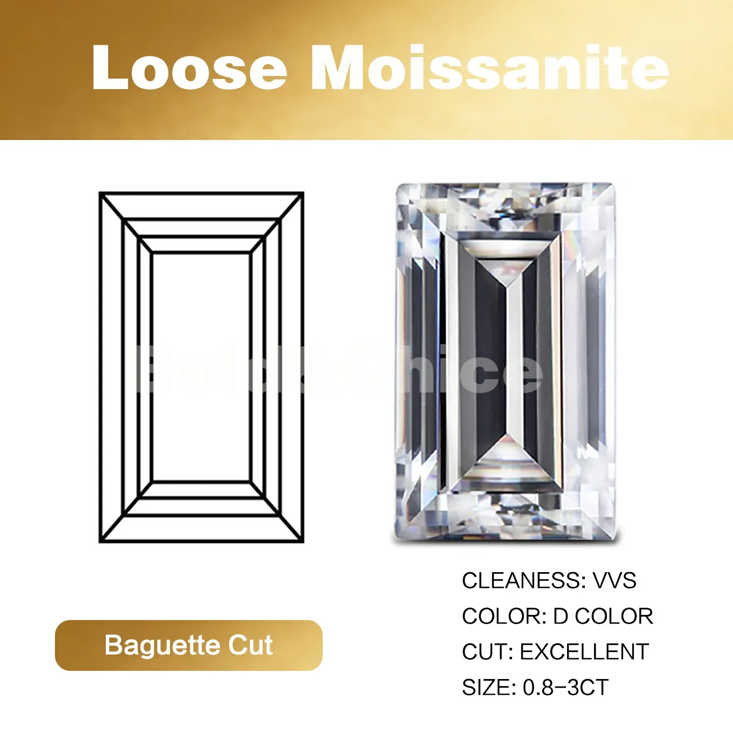 Bold&Chice Moissanite Loose Stone Baguette Cut, 0.1-3CT With Unique Laser Inscription, D Color VVS1 8Heart & 8Arrow Cut, Ideal for Collection & Jewelry Design