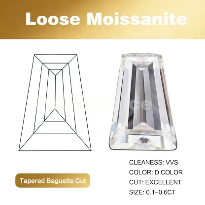 Bold&Chice Moissanite Loose Stone Tapered Baguette Cut, 0.1-0.6CT , D Color VVS1 8Heart & 8Arrow Cut, Ideal for Collection & Jewelry Design