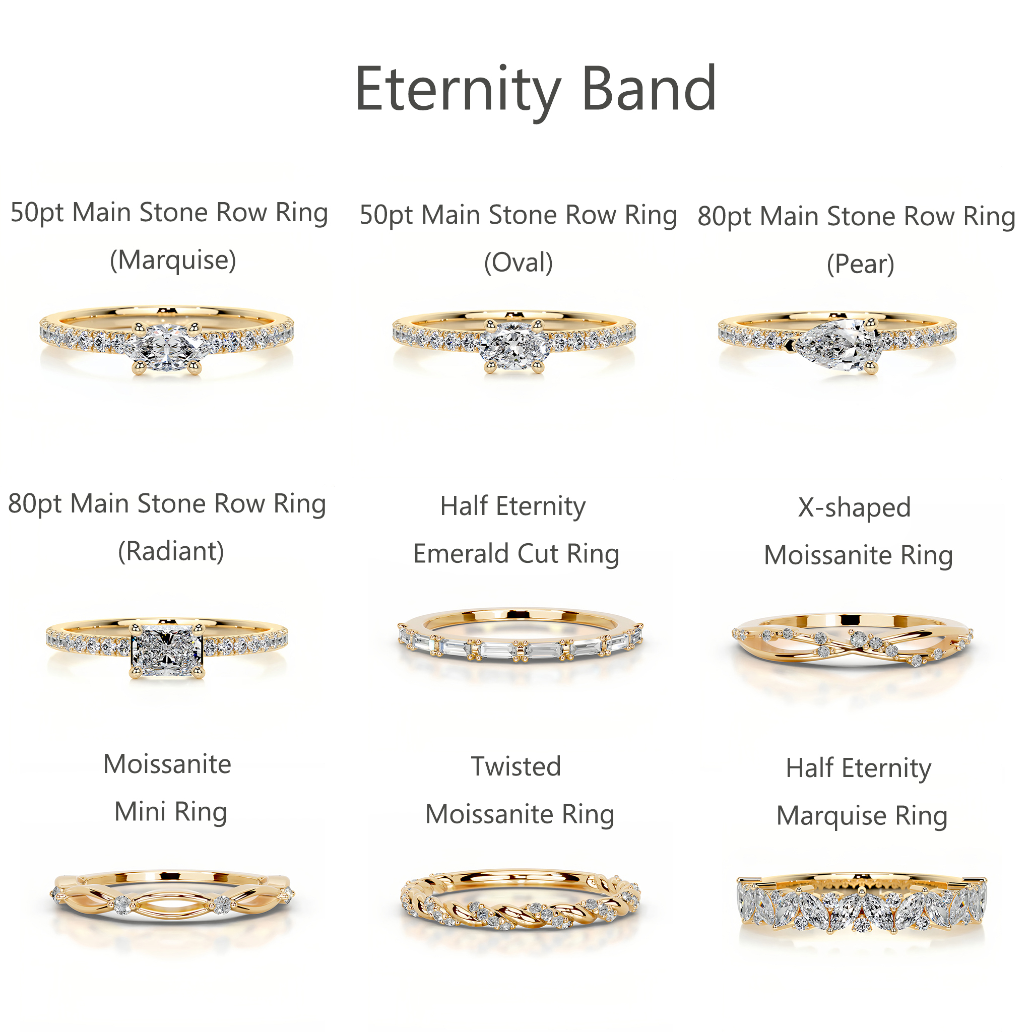 Bold&Chice 0.5-1CT Eternity Band Moissanite Ring, 18K Gold Plated S925 Silver Lab Created Diamond, Timeless Multi-Style Statement Ring for Her