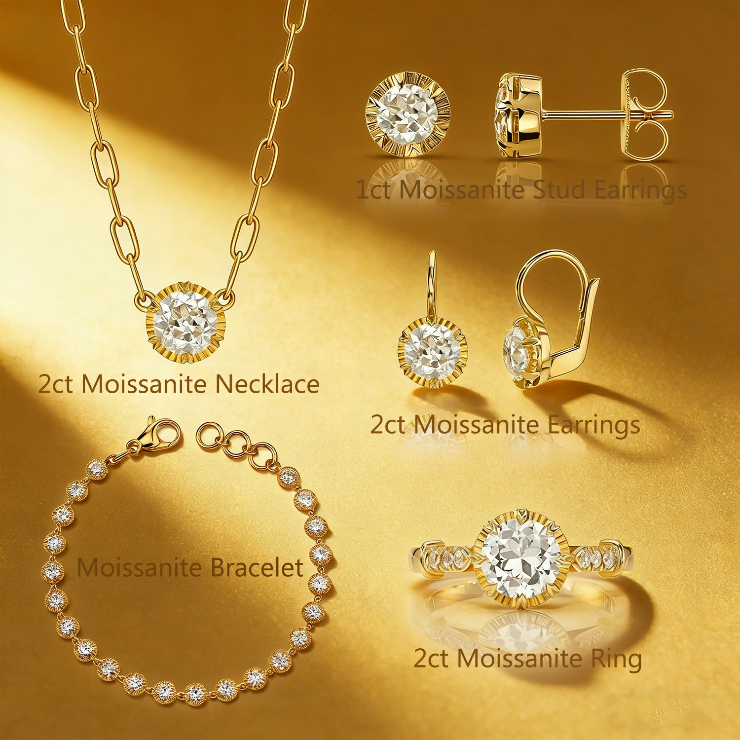 Bold&Chice 1-2CT Sunburst Bezel Moissanite Jewelry Set, 18K Gold Plated S925 Silver Lab Created Diamond, Complete Matching Statement Set  (Ring/Necklace/Earrings/Bracelet)
