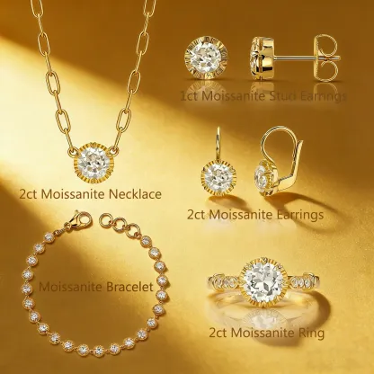 Bold&Chice 1-2CT Sunburst Bezel Moissanite Jewelry Set, 18K Gold Plated S925 Silver Lab Created Diamond, Complete Matching Statement Set  (Ring/Necklace/Earrings/Bracelet)