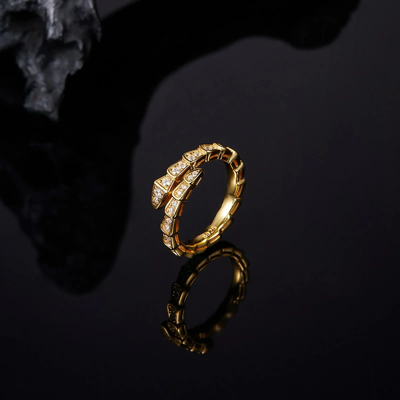 Bold&Chice Luxury Serpentine Pave Moissanite Ring, 18K Gold Plated S925 Silver Lab Grown Diamond, Shiny Snake Statement Ring for Her