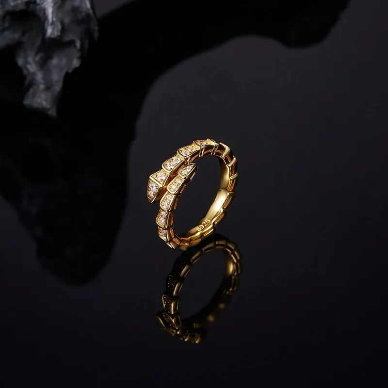 Bold&Chice Luxury Serpentine Pave Moissanite Ring, 18K Gold Plated S925 Silver Lab Grown Diamond, Shiny Snake Statement Ring for Her