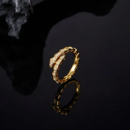 Bold&Chice Luxury Serpentine Pave Moissanite Ring, 18K Gold Plated S925 Silver Lab Grown Diamond, Shiny Snake Statement Ring for Her