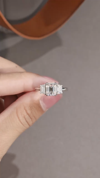 Bold&Chice Emerald Cut Moissanite Ring, 3CT Three Stone Ring, Lab Created Engagement Ring，S925 Silver Promise Ring for Women