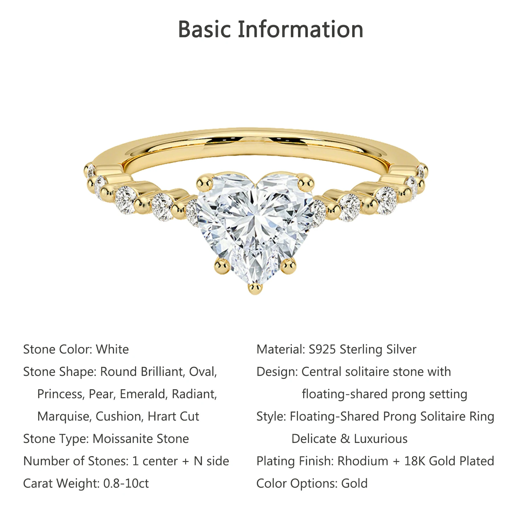 Bold&Chice 0.8-10CT Floating-Shared Prong Moissanite Ring, 18K Gold Plated S925 Silver Lab Created Diamond, Sleek Multi-Cut Statement Ring for Her