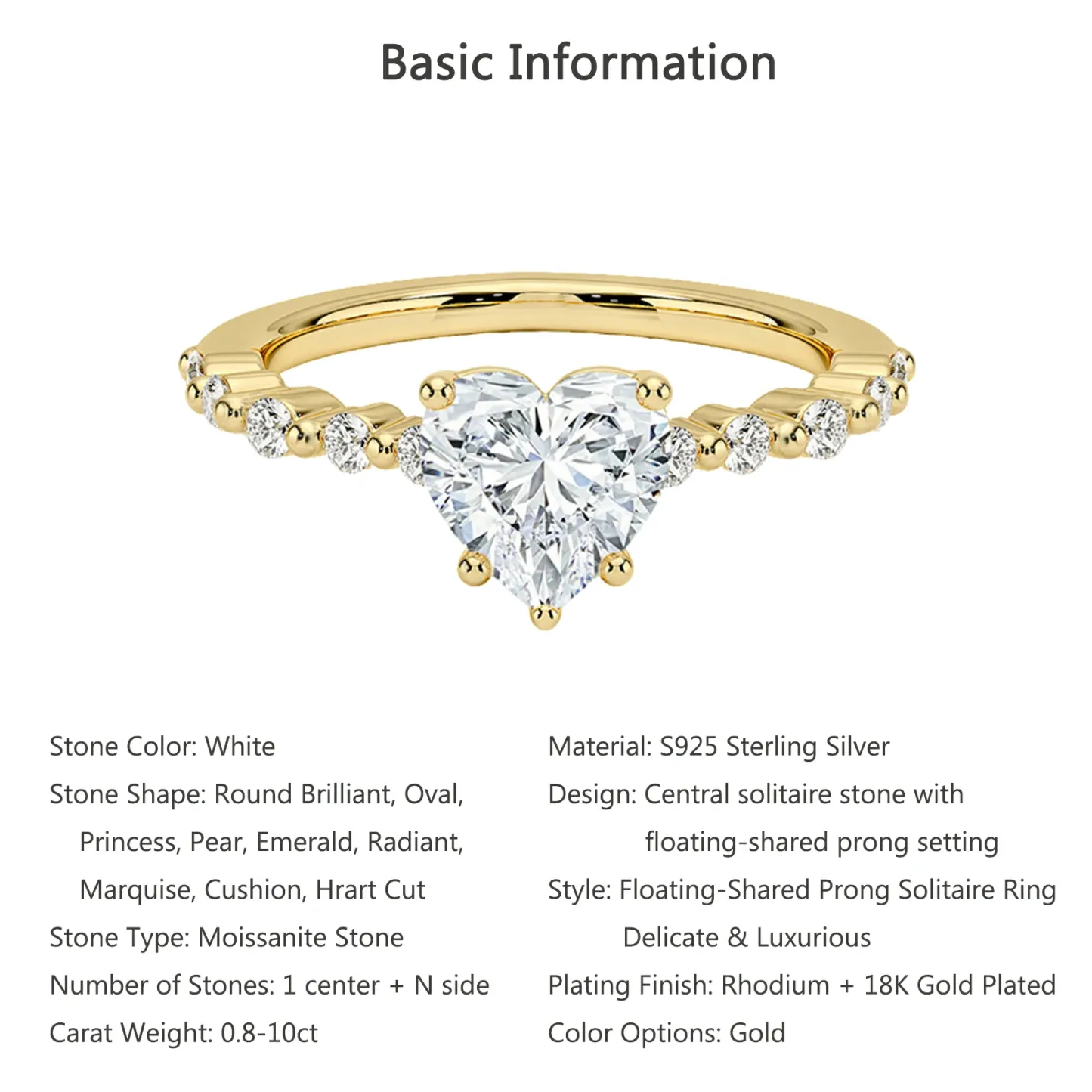 Bold&Chice 0.8-10CT Floating-Shared Prong Moissanite Ring, 18K Gold Plated S925 Silver Lab Created Diamond, Sleek Multi-Cut Statement Ring for Her