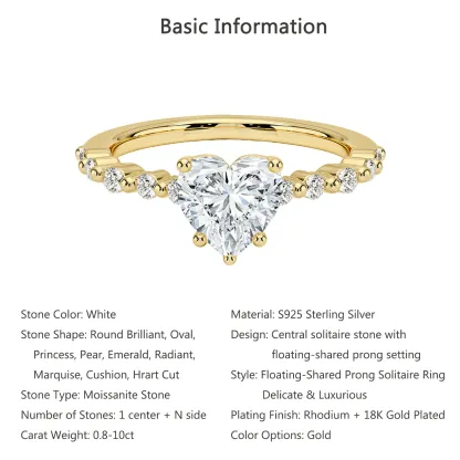 Bold&Chice 0.8-10CT Floating-Shared Prong Moissanite Ring, 18K Gold Plated S925 Silver Lab Created Diamond, Sleek Multi-Cut Statement Ring for Her