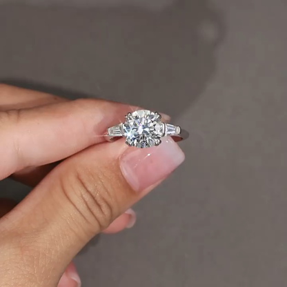 Bold&Chice 3CT Round Moissanite Engagement Ring, Three Stone Baguette Accents, S925 Silver Lab Created Diamond Promise Ring for Women