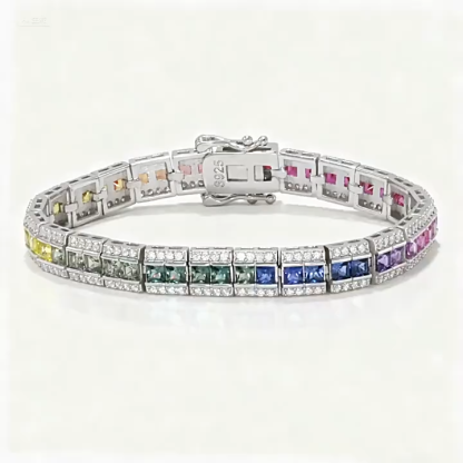 Bold&Chice Luxury Rainbow Bridge Pave Moissanite Bracelet, S925 Silver Lab Created Diamond, Shiny Multicolor Statement Bracelet for Her