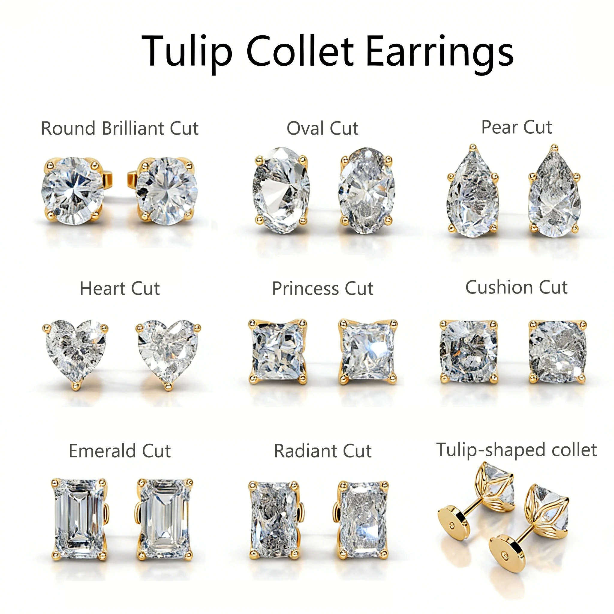 Bold&Chice 2CT Timeless Tulip Collet Moissanite Stud Earrings, 18K Gold Plated S925 Silver Lab Created Diamond, Elegant Floral Statement Earrings for Her