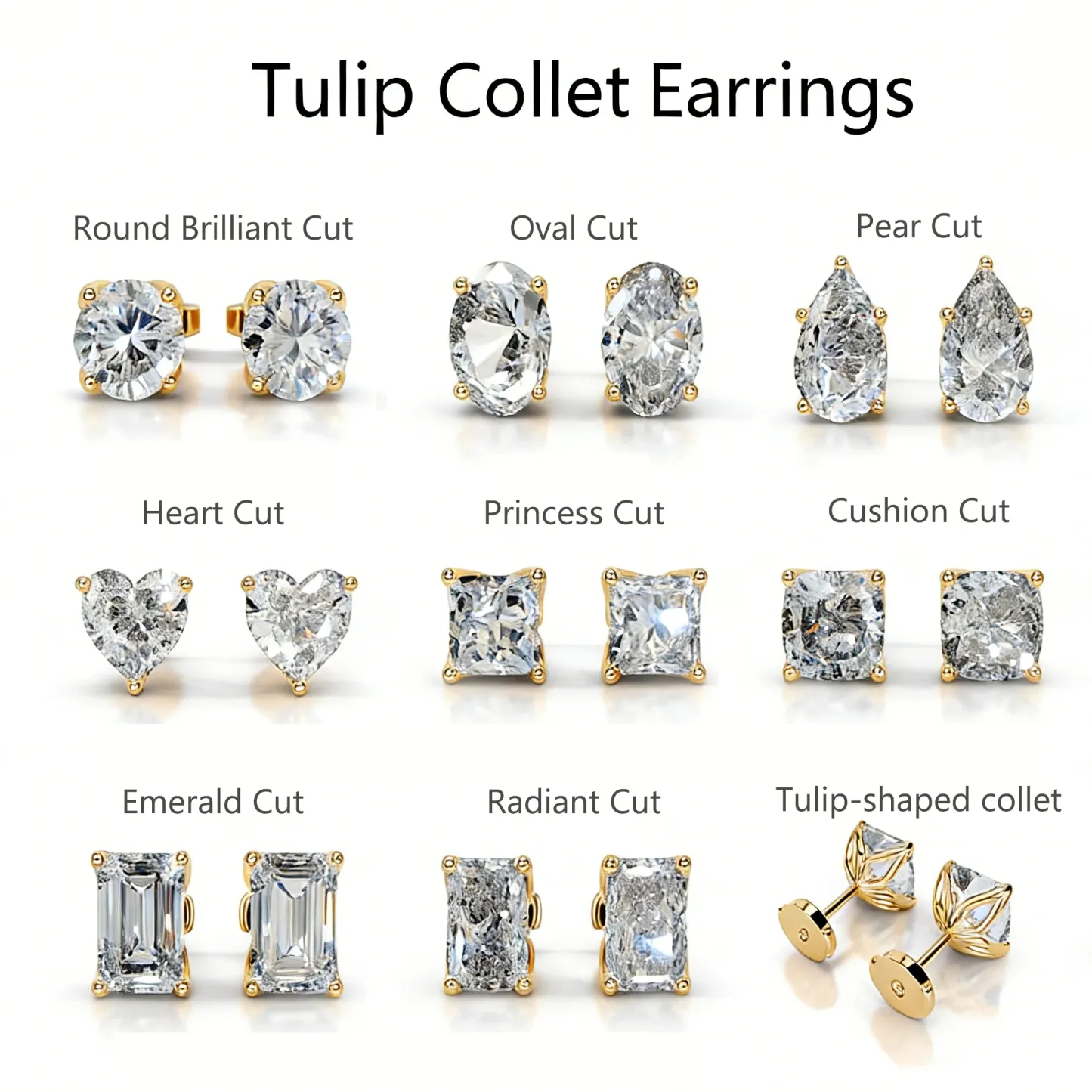 Bold&Chice 2CT Timeless Tulip Collet Moissanite Stud Earrings, 18K Gold Plated S925 Silver Lab Created Diamond, Elegant Floral Statement Earrings for Her