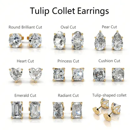 Bold&Chice 2CT Timeless Tulip Collet Moissanite Stud Earrings, 18K Gold Plated S925 Silver Lab Created Diamond, Elegant Floral Statement Earrings for Her