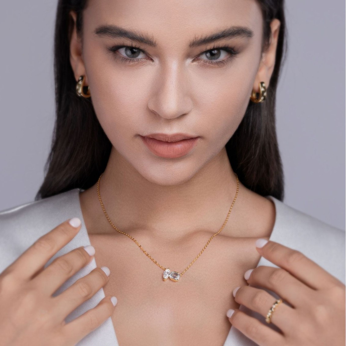 Bold&Chice Two Stone Moissanite Pendant Necklace, Marquise & Emerald Cut Lab Created Diamond Necklace, 18K Gold Plated S925 Silver for Women