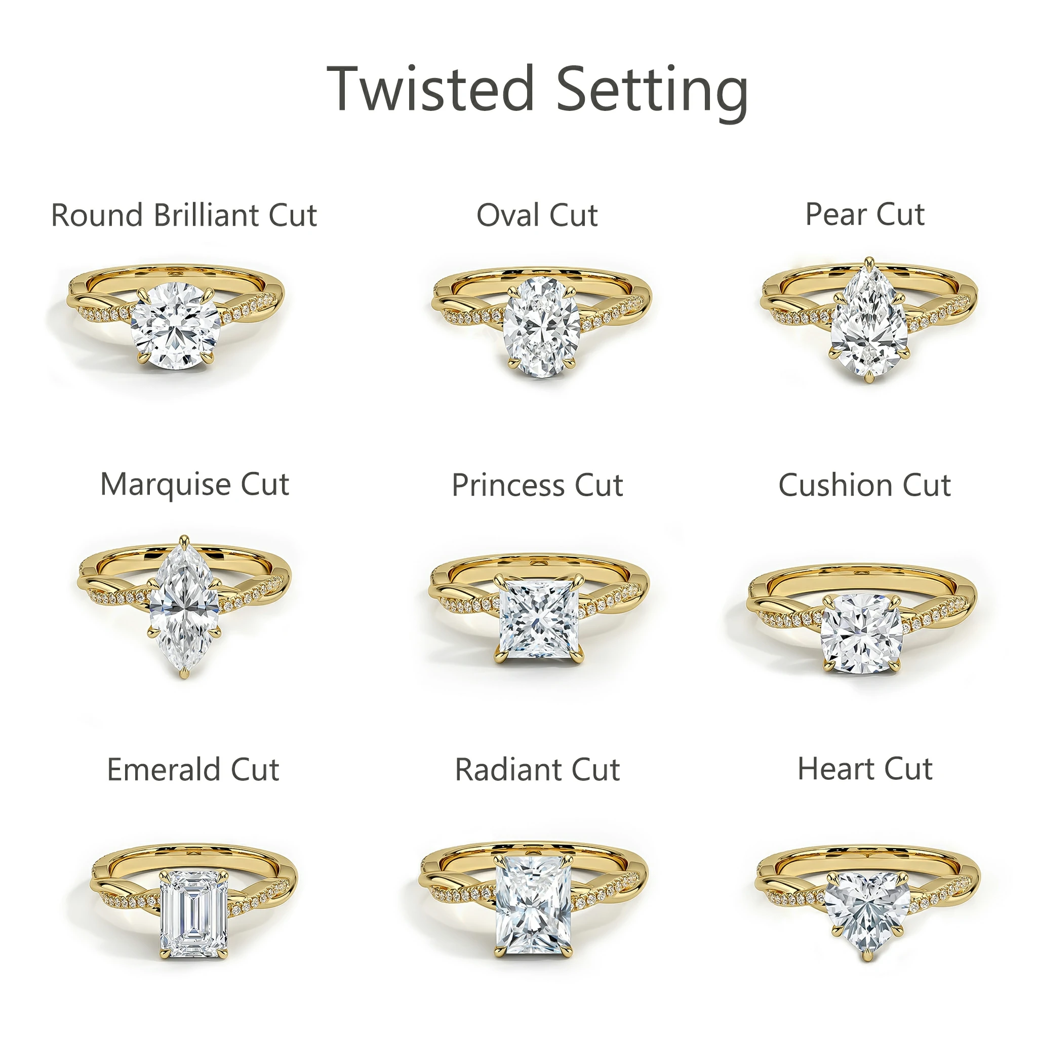 Bold&Chice 0.8-8CT Twisted Setting Moissanite Ring, Multi-Cut 18K Gold Plated  S925 Silver Lab Created Diamond Ring for Women