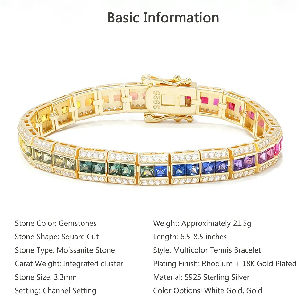 Bold&Chice Luxury Rainbow Bridge Pave Moissanite Bracelet, 18K Gold Plated S925 Silver Lab Created Diamond, Shiny Multicolor Statement Bracelet for Her