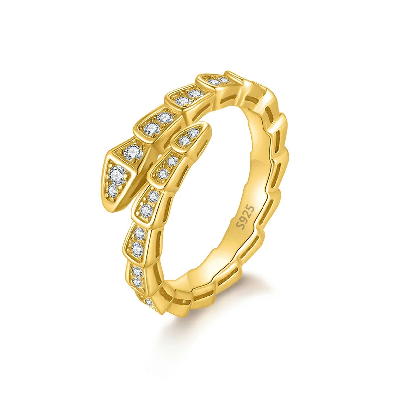 Bold&Chice Luxury Serpentine Pave Moissanite Ring, 18K Gold Plated S925 Silver Lab Grown Diamond, Shiny Snake Statement Ring for Her