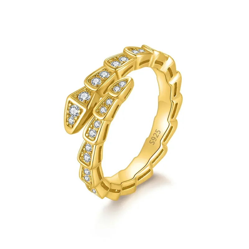 Bold&Chice Luxury Serpentine Pave Moissanite Ring, 18K Gold Plated S925 Silver Lab Grown Diamond, Shiny Snake Statement Ring for Her
