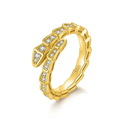 Bold&Chice Luxury Serpentine Pave Moissanite Ring, 18K Gold Plated S925 Silver Lab Grown Diamond, Shiny Snake Statement Ring for Her