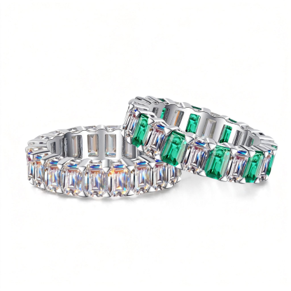 Bold&Chice Lab-Grown Moissanite Ring, Full Circle Emerald-Cut Pavé Band, Vintage Luxury Style Engagement/Wedding/Proposal Ring for Women, Dual Clear & Emerald Green Designs, S925 Silver, Mother’s Day/Valentine’s Day Gift