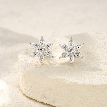 Bold&Chice 3.76CT Snowflake Moissanite Stud Earrings, Marquise Cut Lab Created Diamond Earrings, S925 Silver Plated 18K White Gold