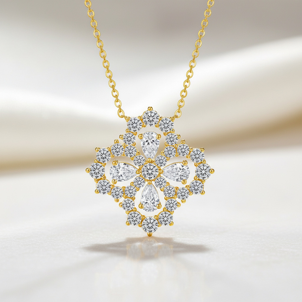 Bold&Chice Luxury Floral Cluster Moissanite Pendant Necklace, S925 Silver Lab Created Diamond, Shiny Pear & Round Statement Necklace for Her