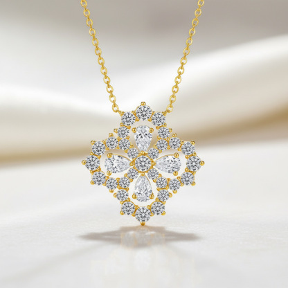 Bold&Chice Luxury Floral Cluster Moissanite Pendant Necklace, S925 Silver Lab Created Diamond, Shiny Pear & Round Statement Necklace for Her