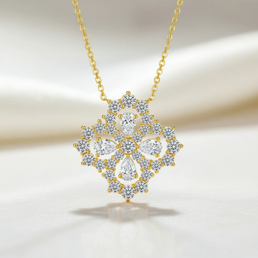 Bold&Chice Luxury Floral Cluster Moissanite Pendant Necklace, S925 Silver Lab Created Diamond, Shiny Pear & Round Statement Necklace for Her