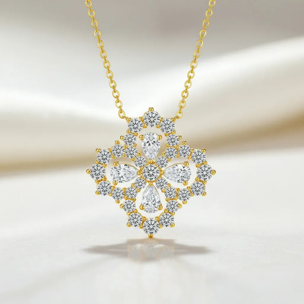 Bold&Chice Luxury Floral Cluster Moissanite Pendant Necklace, S925 Silver Lab Created Diamond, Shiny Pear & Round Statement Necklace for Her