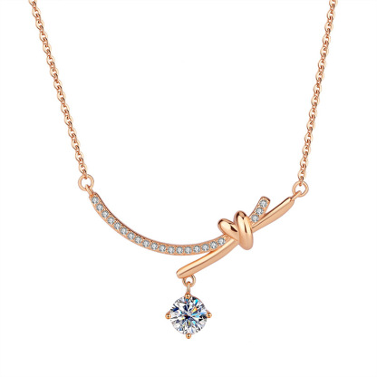 Bold&Chice Bow Knot Moissanite Necklace, 1CT Lab Created Moissanite Pendant, Rose Gold Plated Curved Bar Necklace for Women