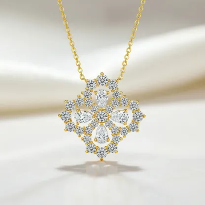 Bold&Chice Luxury Floral Cluster Moissanite Pendant Necklace, S925 Silver Lab Created Diamond, Shiny Pear & Round Statement Necklace for Her